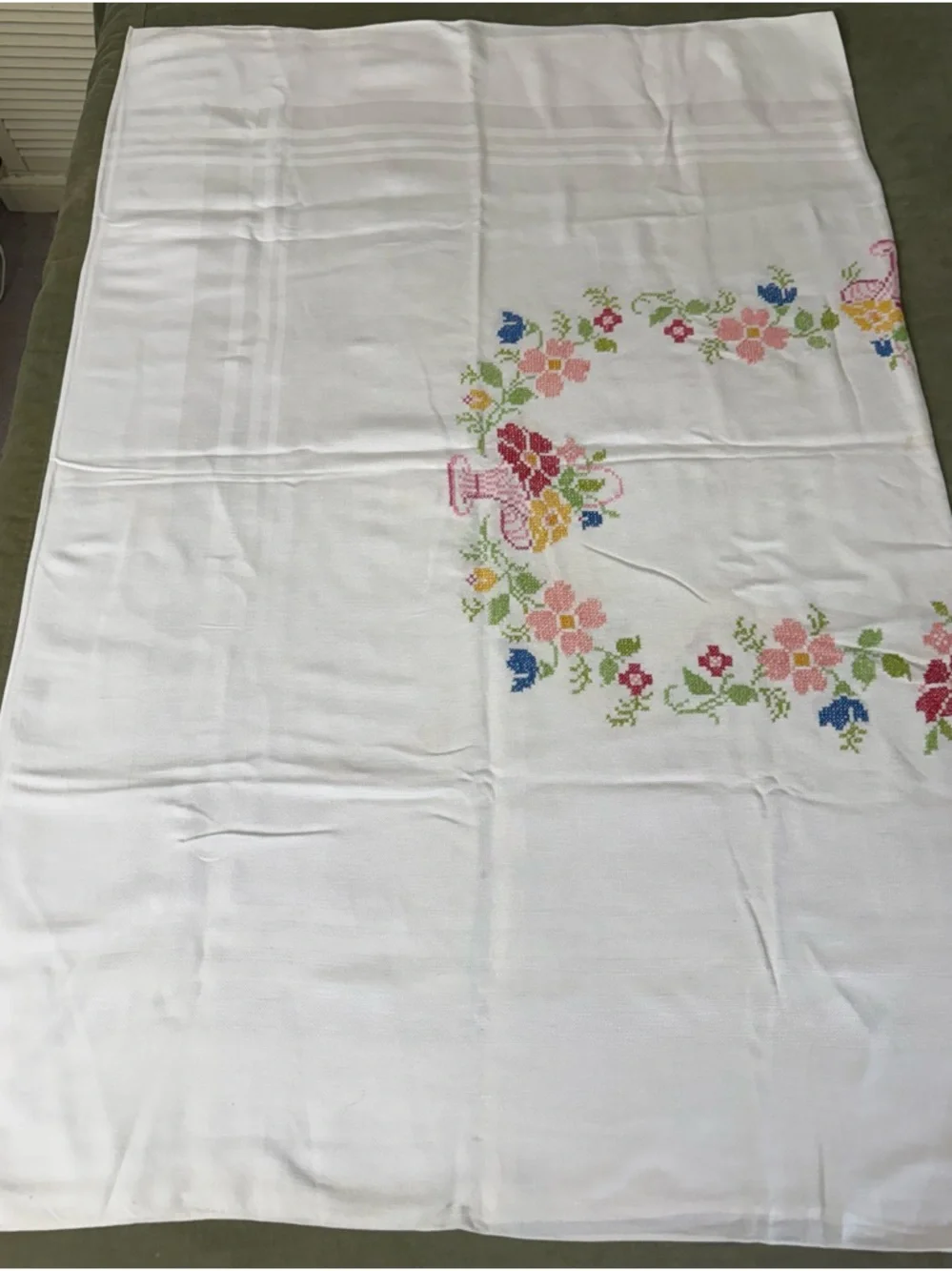 Embroidered Floral Linen Tablecloth - White with Pastel Flowers  OSK